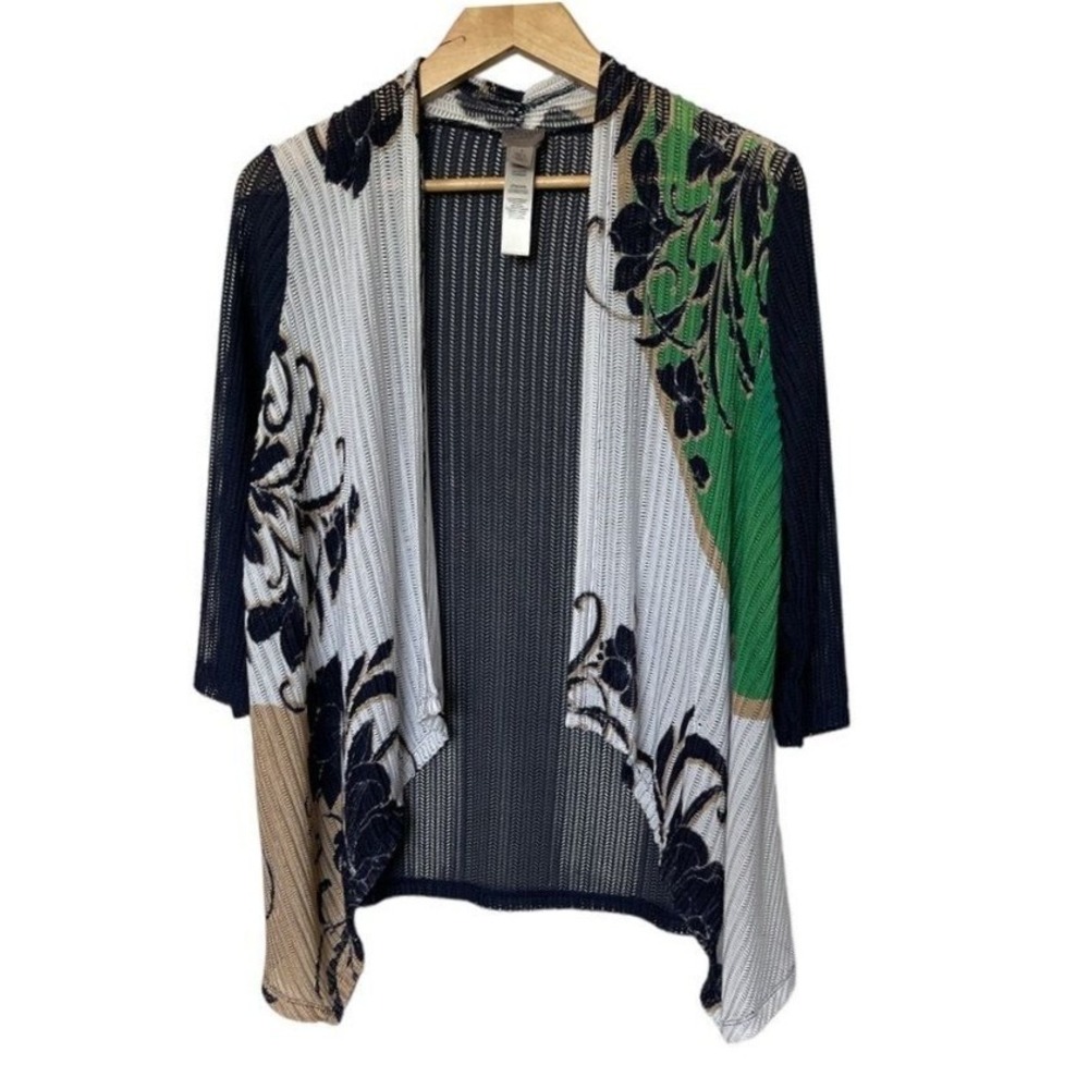 Chico's Easywear Cardigan Womens 1 Navy Blue Floral Pointelle Open Front Knit